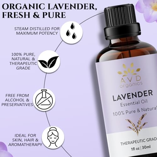 AVD Organics Lavender Essential Oil 30ml – 100% Pure & Natural Lavender Oil for Diffuser, Aromatherapy, Sleep, Massage, Skin, Meditation & Relaxation | Therapeutic Grade | 1 fl oz