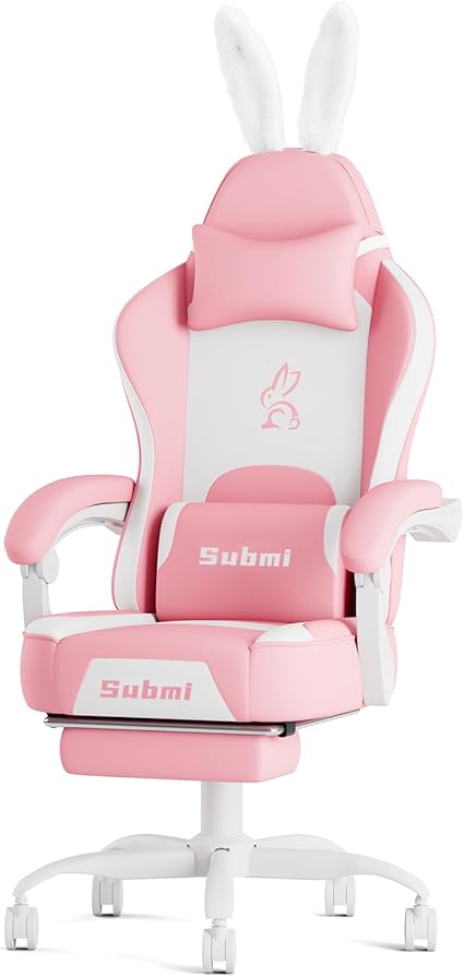 Pink Gamer Chair Gaming Chair for Adults, PU Leather Kawaii Computer Office Chair with Footrest & Lumbar Support, High Back Reclining Chair, Headrest, Wide Seat, Gift, 150KG, Pink-White