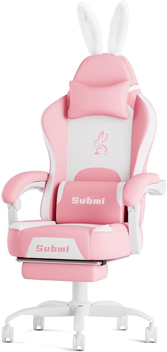 Pink Gamer Chair Gaming Chair for Adults, PU Leather Kawaii Computer Office Chair with Footrest & Lumbar Support, High Back Reclining Chair, Headrest, Wide Seat, Gift, 150KG, Pink-White