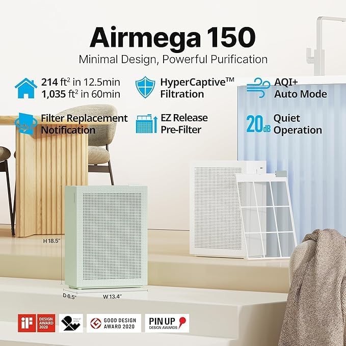 COWAY Air Purifier for Large Home Bedroom 1,035ft², Long-life 3-in-1 Filter, GreenHEPA, Air Quality Monitor, Auto Mode, Removes 99.99% Pet, Dust, Odours, Allergies, Quiet 20db sleep mode, AM-150 Green