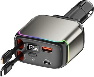 XXZU 137W Retractable Car Charger, 65W USB C Fast Charging with Dual Retractable Cables, 2 Charging Ports, Voltage Display, Cigarette Lighter, 4-in-1 Car Charger Adapter for iPhone/Android/iPad/Laptop