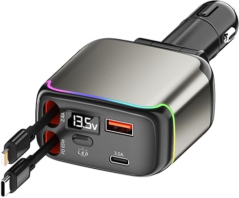 XXZU 137W Retractable Car Charger, 65W USB C Fast Charging with Dual Retractable Cables, 2 Charging Ports, Voltage Display, Cigarette Lighter, 4-in-1 Car Charger Adapter for iPhone/Android/iPad/Laptop