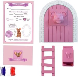 Myfuturshop® Mouse Perez Magic Door, Tooth Box, Ladder, 4 Certificates of Clean Tooth, Original Gift for Boys and Girls, French Version (Pink)