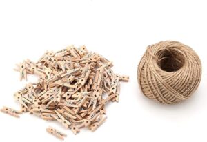 Walfront 250pcs Mini Wooden Clips Photo Clips Clothespin Craft Decoration Clips with 1 Roll 50 Meter Jute Twine Crafts Decor