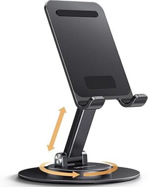UGREEN Phone Stand 360° Rotating and Height Adjustable Metal Mobile Stand Holder for Desk Foldable iPhone Mount Compatible with Devices Up to 9.7'' Fit for iPhone 17 Pro Max Galaxy S25 Ultra S24 Black