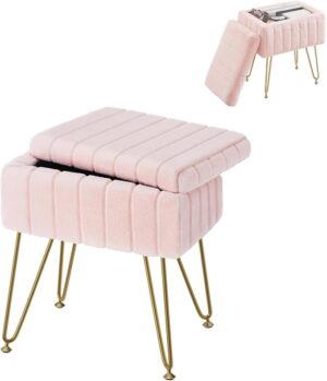 Pink Vanity Stool Chair, Faux Fur with Storage Vanity Stool with 4 Metal Legs, Modern Vanity Chair for Makeup Room and Bedroom, 40 * 30 * 50Cm