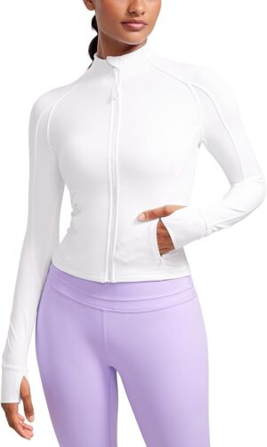 CRZ YOGA Butterluxe Womens Cropped Slim Fit Workout Jackets - Weightless Track Athletic Full Zip Jacket with Thumb Holes