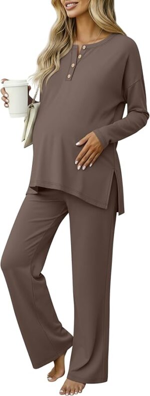 Women's Maternity Pajamas Sets, Long Sleeve Pregnancy Postpartum Delivery Lounge Nursing Pjs with Pockets Pjs