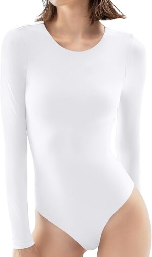 PUMIEY Women's Crew Neck Long Sleeve Bodysuit Second-skin Feel Tops Smoke Cloud Collection