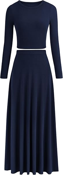 PRETTYGARDEN Women's Spring 2 Piece Outfits Dressy Casual Ribbed Knit Long Sleeve Crop Tops Maxi Flowy Skirts Matching Sets