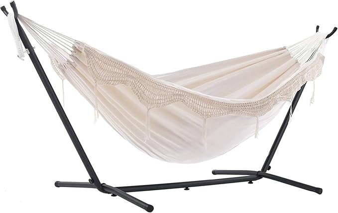Vivere Double Cotton Hammock with Space Saving Steel Stand, Upgraded Polyester End Strings 450 lb Capacity - Premium Carry Bag Included - USA Grown Cotton (Natural)