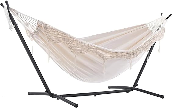 Vivere Double Cotton Hammock with Space Saving Steel Stand, Upgraded Polyester End Strings 450 lb Capacity - Premium Carry Bag Included - USA Grown Cotton (Natural)