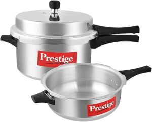 Prestige Popular 7.5 Litre Pressure Cooker with Lid and 3.5 Litre Pressure Pan without Lid| Aluminium|Heat Resistant Side Handles- Silver