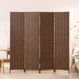 Room Divider 6FT Wall Divider Wood Screen 4 Panels Wood Mesh Hand-Woven Design Room Screen Divider Indoor Folding Portable Partition