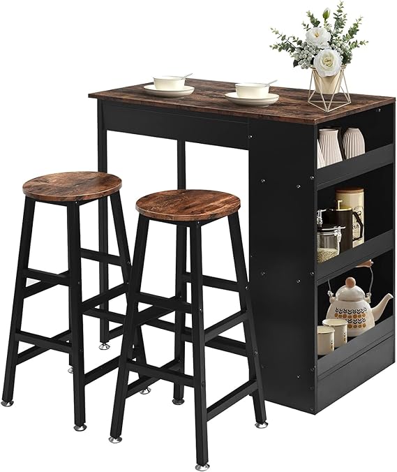 ROYAL POLAR Bar Table and Chairs Set Wooden Counter Height Table Set with 2 Bar Stools, Industrial Bar Table Set with 3 Tier Adjustable Storage Shelves