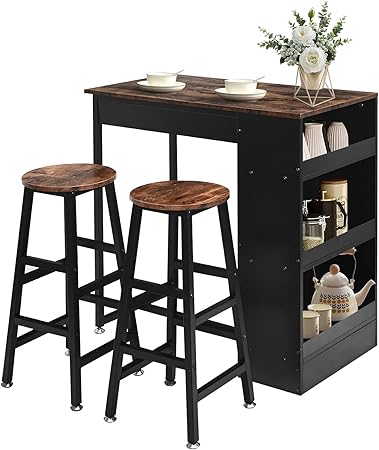 ROYAL POLAR Bar Table and Chairs Set Wooden Counter Height Table Set with 2 Bar Stools, Industrial Bar Table Set with 3 Tier Adjustable Storage Shelves