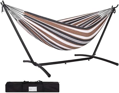 MOMENT Hammock with Stand for Outside, Heavy Duty Space Saving Steel Stand with 450 lb Capacity, Double Hammock with Portable Carrying Bag, Hamacas Para Adultos for Outdoors, Patio, Garden, Yard
