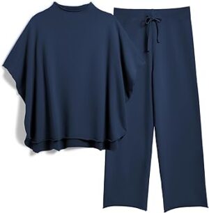 Women's Two Piece Outfits 3/4 Batwing Sleeve Capelet Crew Neck Pullover Top Wide Leg Pants Lounge