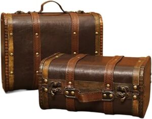 THE WHITE SHOP 2PCS Wooden Treasure Chest Vintage Treasure Chest Wooden Chest Vintage Look Antique Design Pirate Treasure Hunt Wood – Treasure Chest Children's Birthday – Wooden Box Small