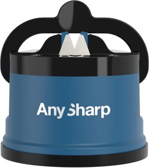 AnySharp Knife Sharpener, Hands-Free Safety, PowerGrip Suction, Safely Sharpens All Kitchen Knives, Ideal for Hardened Steel & Serrated, World's Best, Compact, One Size, Blue
