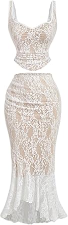 GORGLITTER Women's 2 Piece Maxi Skirts Set Lace Asymmetrical Tank Tops Fishtail Skirt Sexy Outfit