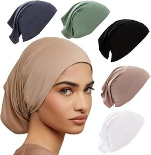 Hijab Caps 5 Pack Modall Silky Cotton Underscarves, Stretchy Straight Cut Hats in 5 Colors, Moisture-Wicking & Breathable, for Sports, Work, & Daily Commuting 24.5x10cm, Versatile Headscarf