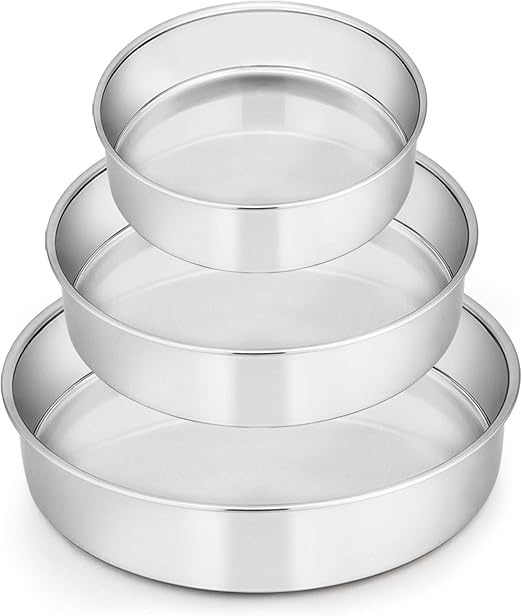 E-far Cake Pan Set of 3 (6 inch/8 inch/9½ inch), Stainless Steel Round Layer Cake Baking Pans, Perfect for Birthday Wedding Tier Cake, Non-Toxic & Healthy, Mirror Finish & Dishwasher Safe