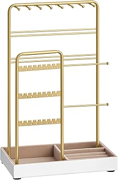 SONGMICS Jewellery Stand, Jewellery Organiser, Jewellery Display Stand with Metal Frame and Velvet Tray, Earring Bracelet Holder, Necklace Stand, for Studs, Rings, Gift Idea, Gold Colour JJS021A01
