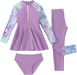 3-Piece Girls Modest Muslim Swimsuit Separates Set, Long Sleeve Rash Guard with Leggings,Full Coverage Swimwear UPF 50+