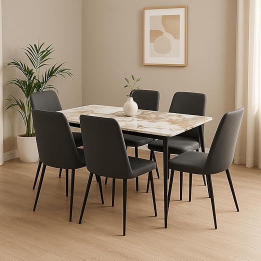 Vital 4-Seater Ceramic Dining Set | Rectangular Table with Metal Legs & 4 Cushioned Chairs | Scratch-Resistant, Easy-to-Clean, Compact Dining Furniture for Homes & Apartments (GREY)