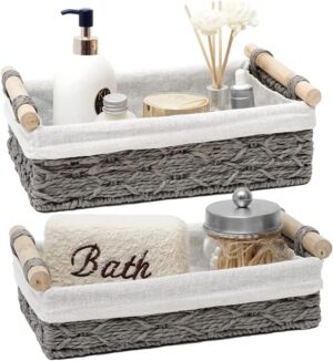 2-Pack Woven Grey Paper Rope Storage Baskets with Handle - Rectangle, Organizing, Cosmetic, Shelf Cabinet, Home