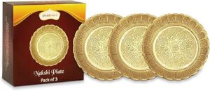 Shubhkart Nakshi Brass Pooja Plate Set – Pack of 3 Solid Brass Thali for Worship, Decoration & Festive Gifting, 9.5 cm Medium, Handmade Indian Design, Polished Finish, Ideal for Home Temple & Ritual