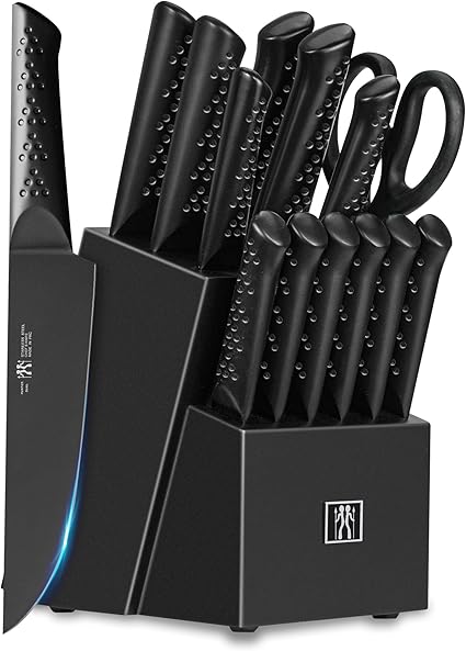 HD HUNTER.DUAL Knife Sets for Kitchen with Block, 15 Piece Knife Set with Built-in Sharpener, Dishwasher Safe, German Stainless Steel, Elegant Black