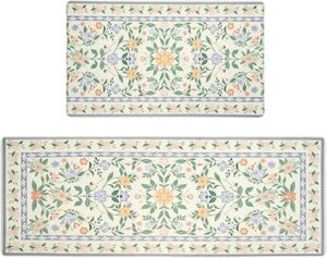 MOSISO Kitchen Mats for Floor, 2 Piece Anti Fatigue Kitchen Rugs Set, Countryside Colorful Flowers Cushioned Memory Foam Washable Non Slip Standing Floor Mat For Kitchen, Laundry, 18x30+47x30 inch