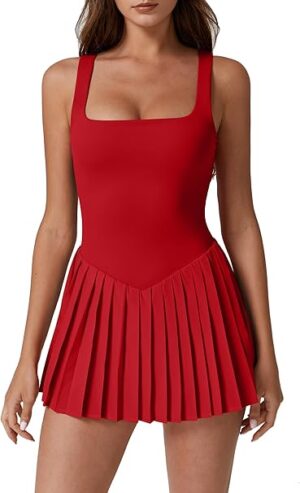 QINSEN Womens Square Neck Tennis Dress Pleated Sleeveless Built in Shorts Golf Athletic Dress with Pockets