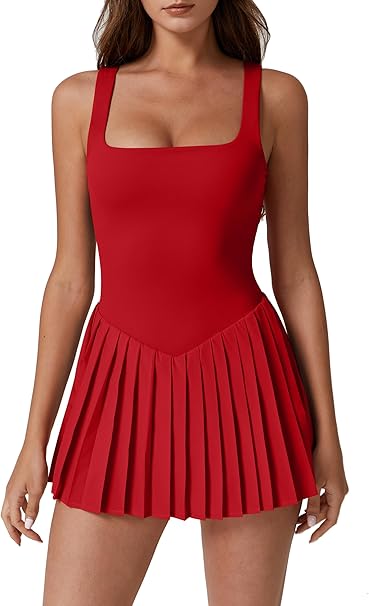 QINSEN Womens Square Neck Tennis Dress Pleated Sleeveless Built in Shorts Golf Athletic Dress with Pockets