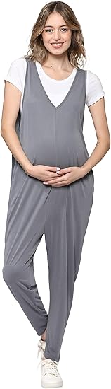 LaClef Women's Maternity Sleeveless Jumpsuit with Pocket, Charcoal, XL