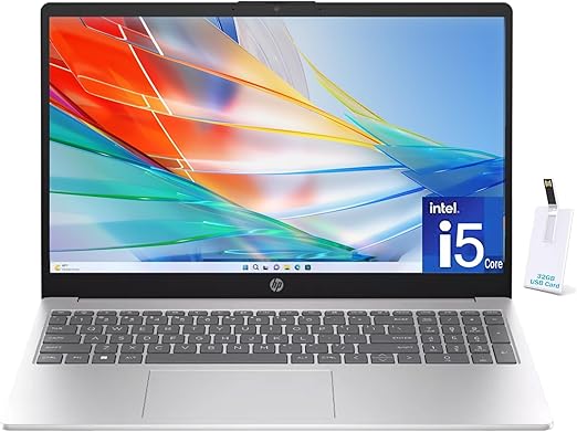 HP 15.6" Laptop, 13th Gen Intel Core i5-1335U, 16GB RAM, 512GB SSD, FHD Anti-Glare Display, Webcam, Numeric Keypad, Wi-Fi, Bluetooth, HDMI, 32GB USB Card, Windows 11 – Silver (US Version)