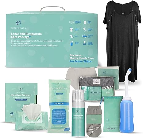 Mama & Wish Postpartum Care Kit for Mom (14-Piece) - Includes Labor and Delivery Gown, Peri Bottle, Witch Hazel Foam, Pad Liners More! Hospital Essentials for Women After Birth
