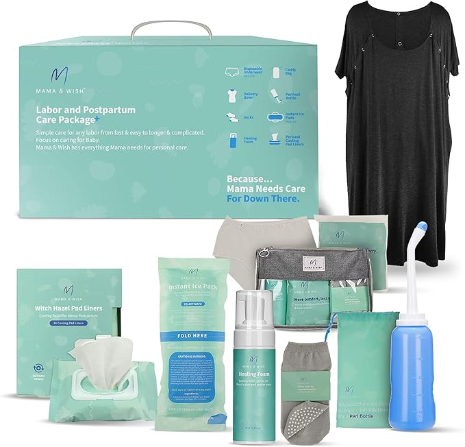 Mama & Wish Postpartum Care Kit for Mom (14-Piece) - Includes Labor and Delivery Gown, Peri Bottle, Witch Hazel Foam, Pad Liners More! Hospital Essentials for Women After Birth