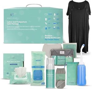 Mama & Wish Postpartum Care Kit for Mom (14-Piece) - Includes Labor and Delivery Gown, Peri Bottle, Witch Hazel Foam, Pad Liners More! Hospital Essentials for Women After Birth