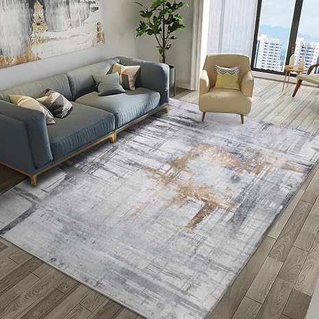 Carpet Rug Modern Abstract Rugs for Living Room Short Pile Soft Carpet Bedroom Modern Large Area Rugs for Living Room Non-slip Carpet Floor Mat Home Decor (Gold Grey, 160 x 200 cm)