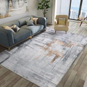 Carpet Rug Modern Abstract Rugs for Living Room Short Pile Soft Carpet Bedroom Modern Large Area Rugs for Living Room Non-slip Carpet Floor Mat Home Decor (Gold Grey, 160 x 200 cm)