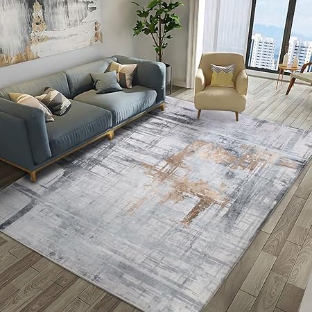 Carpet Rug Modern Abstract Rugs for Living Room Short Pile Soft Carpet Bedroom Modern Large Area Rugs for Living Room Non-slip Carpet Floor Mat Home Decor (Gold Grey, 160 x 200 cm)