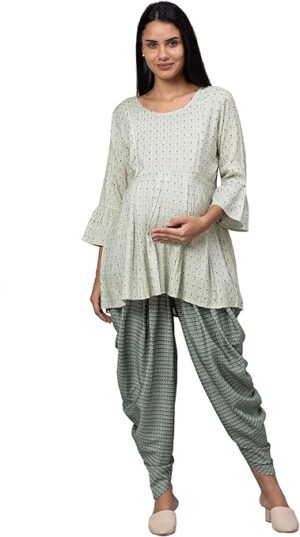 AV2 Women Rayon Printed Maternity & Feeding Kurti & Dhoti Set 2319, Green, 2XL