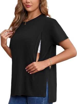 Ecavus Women's Oversized Nursing Shirts for Breastfeeding with Hidden Zipper Short Sleeves Side Splits Maternity Tops