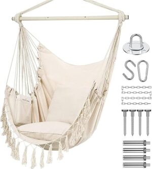 Hanging Chair for Bedroom, Max 150Kgs,Beige Hanging Chair with 2 Cushions, Hanging Chair with Pocket and Macrame, Swing Rope Chair for Bedroom, for Indoor, Outdoor (Beige)