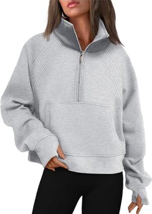 WYNNQUE Women’s Half Zip Fleece Sweatshirt, Winter Sweaters with Zipper and Thumb Hole