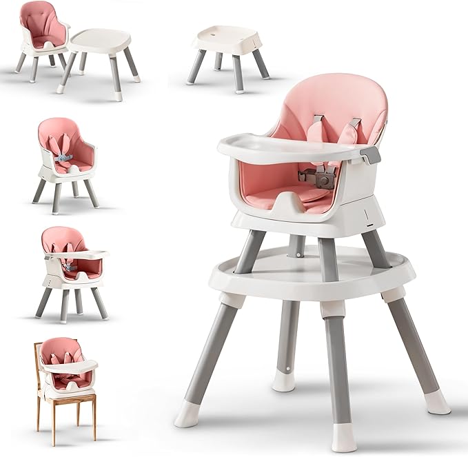 Baybee 6 in 1 Convertible Baby High Chair for Kids, Baby Feeding with 2 Adjustable Heights, 5 Point Safety Belt & Tray | Kids Study Table & Chair | High Chair for Baby 1 to 5 Years (Pink)