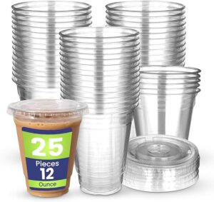SNH 25 Pieces 12Oz Juice Cup With Lid Clear Strong Disposable Cups - Ideal for iced coffee, smoothies, Bubble Boba tea, milkshakes, frozen cocktails, water, sodas, juices, snacks, dessert & more.